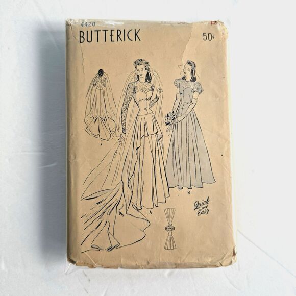 Vtg 1940s Butterick Bridal Gown Pattern 4420 EASY SEWING PATTERN Bust 30" - Picture 1 of 11